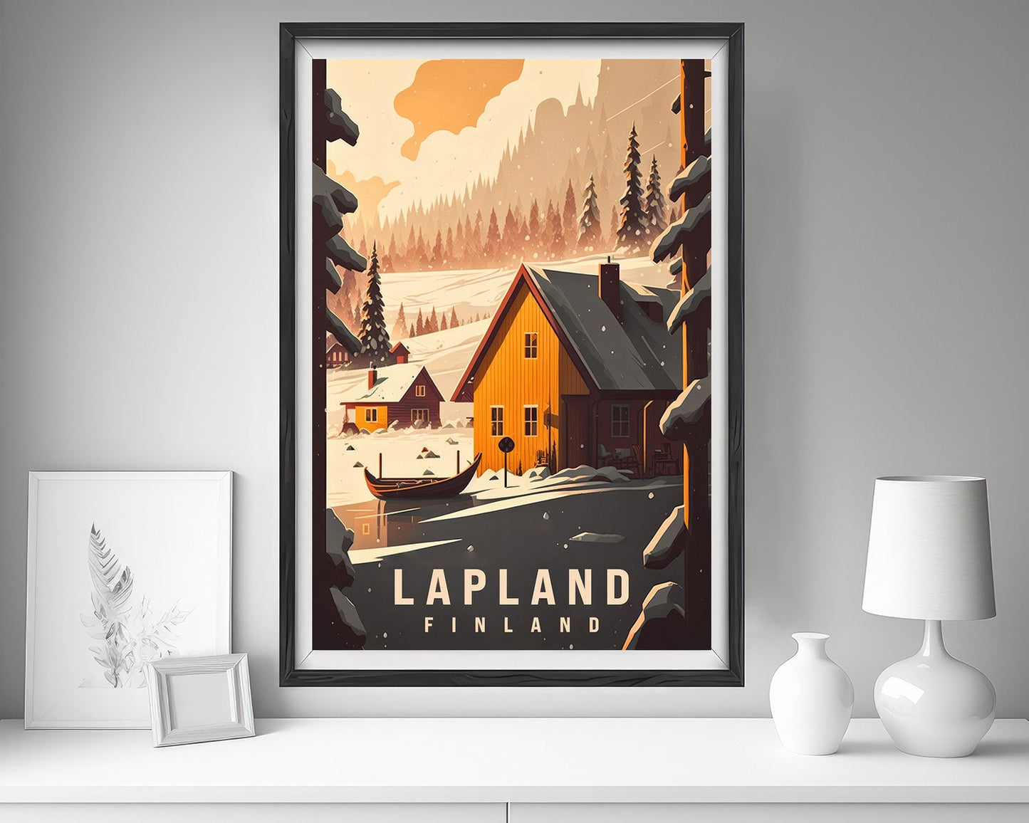 Framed Finland Lapland Travel Poster in Portrait orientation, minimal background, close up wall art print 5