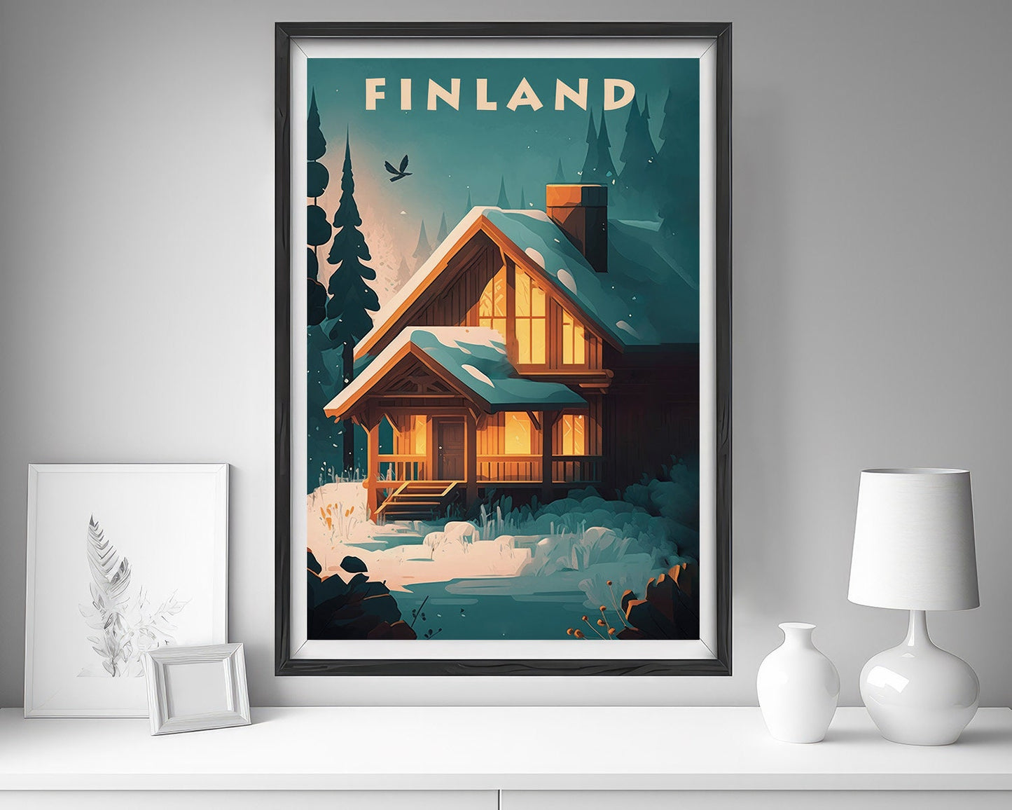 Framed Finland Travel Poster in Portrait orientation, minimal background, close up wall art print 5