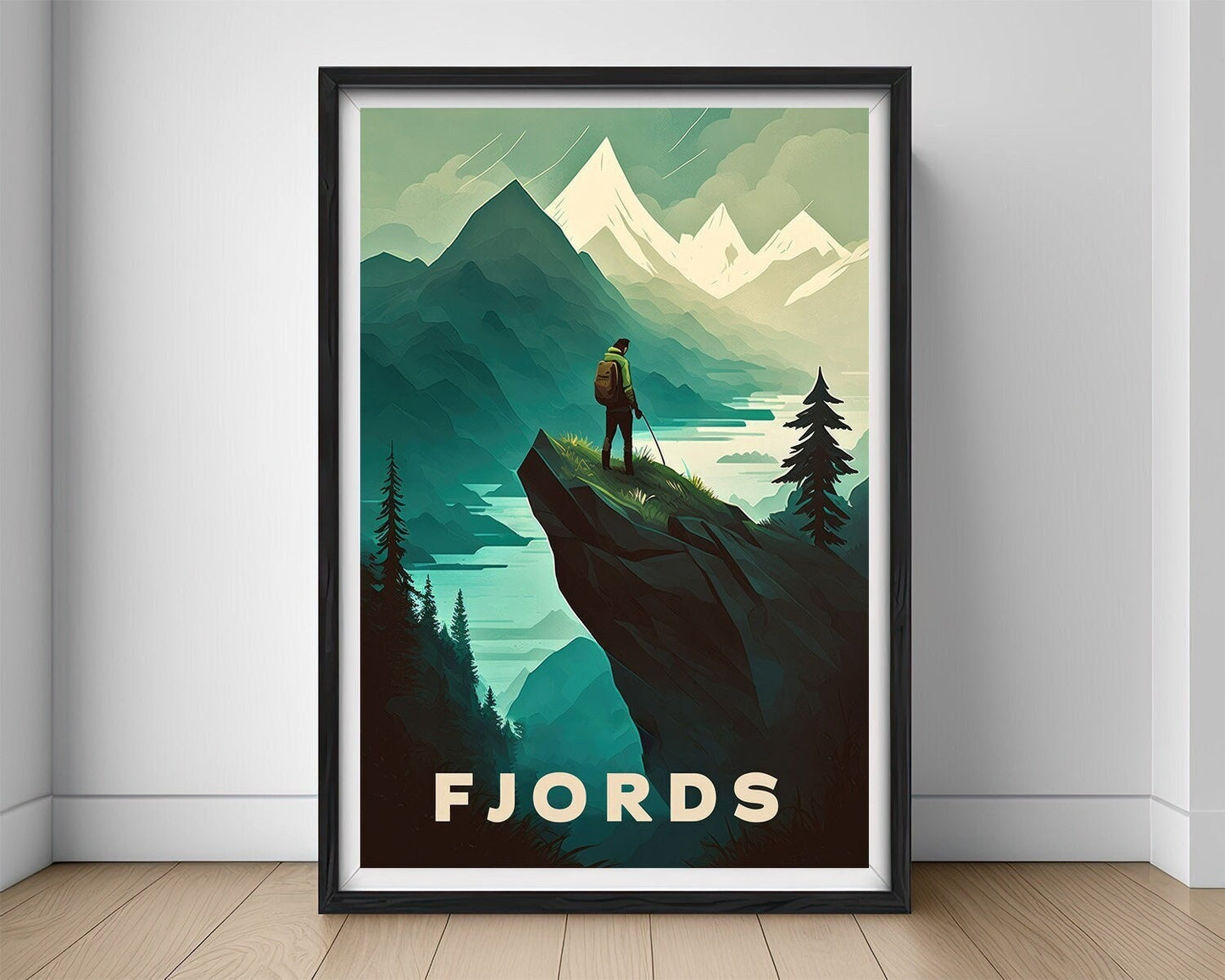 Framed Fjords Europe Travel Poster in Portrait orientation, minimal background, close up wall art print 1