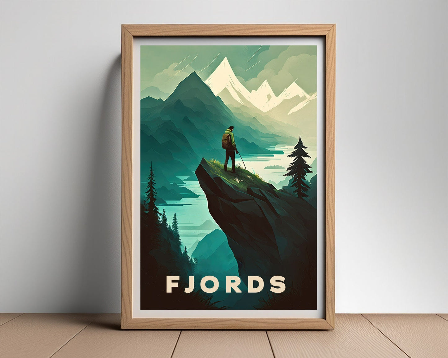 Framed Fjords Europe Travel Poster in Portrait orientation, minimal background, close up wall art print 2