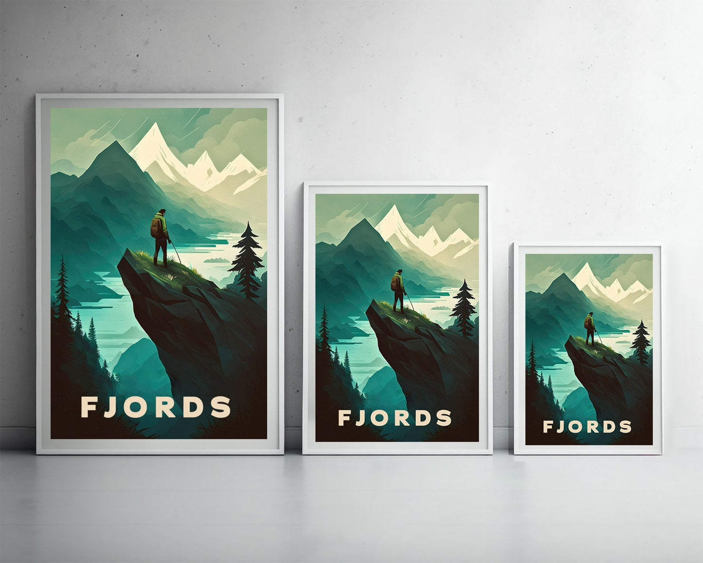 Framed Fjords Europe Travel Poster in Portrait orientation, minimal background, close up wall art print 3
