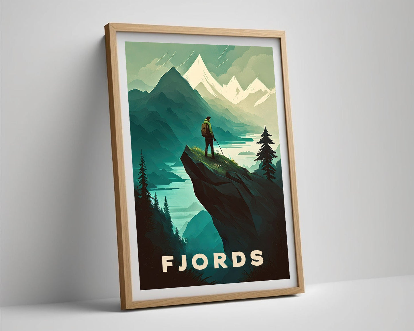 Framed Fjords Europe Travel Poster in Portrait orientation, minimal background, close up wall art print 4