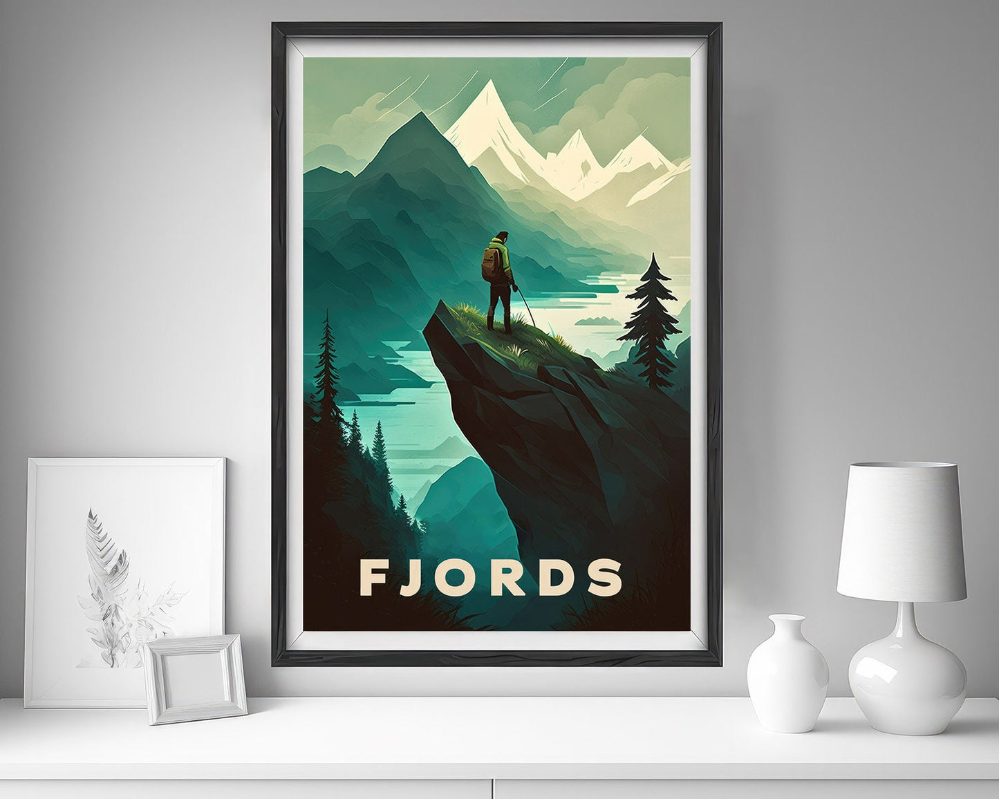 Framed Fjords Europe Travel Poster in Portrait orientation, minimal background, close up wall art print 5