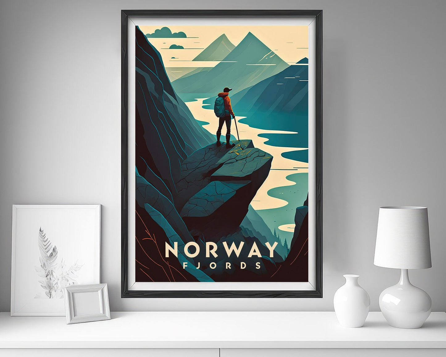 Framed Fjords Norway Travel Poster in Portrait orientation, minimal background, close up wall art print 5
