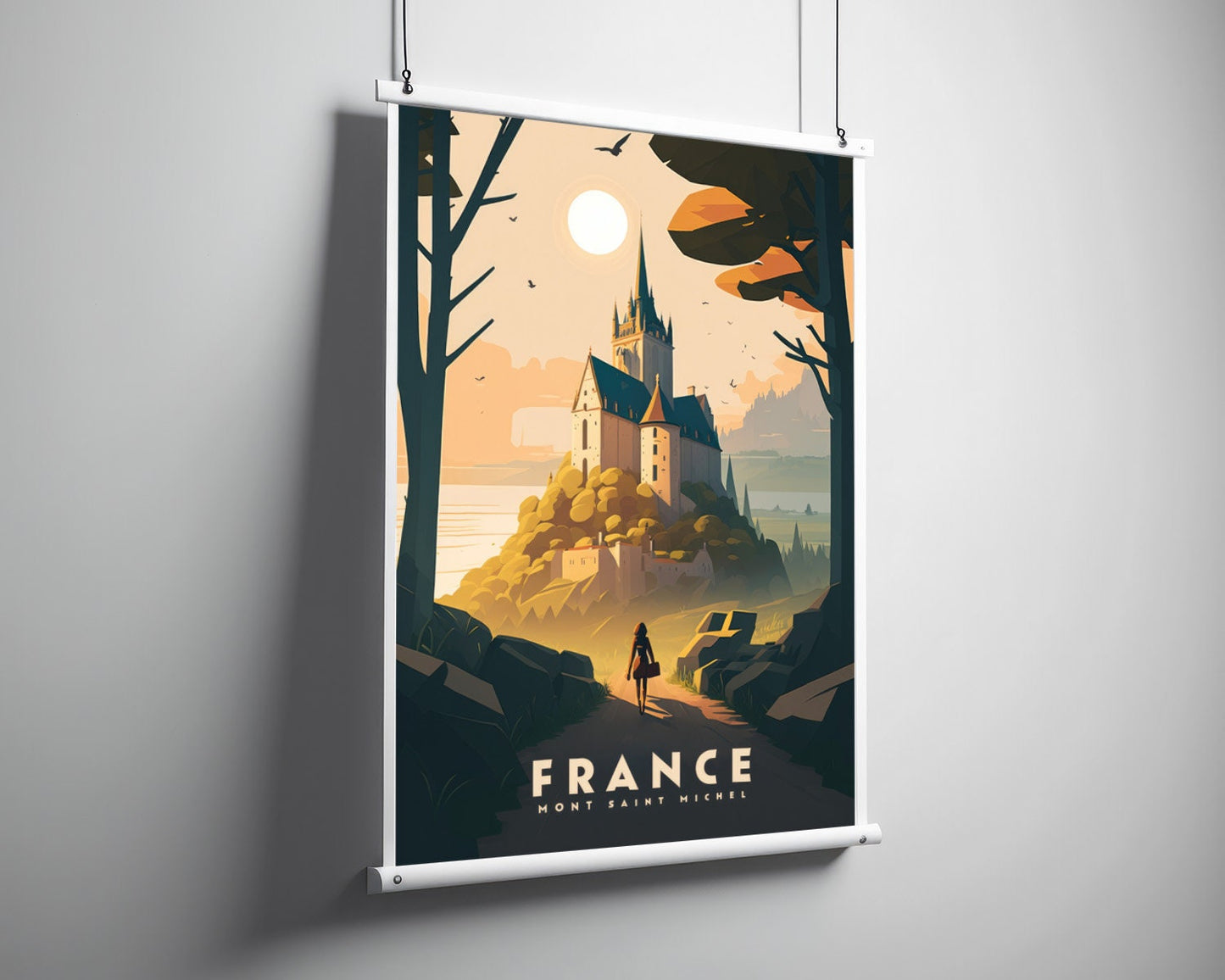 Framed France Mont Saint Michel Castle Travel Poster in Portrait orientation, minimal background, close up wall art print 5