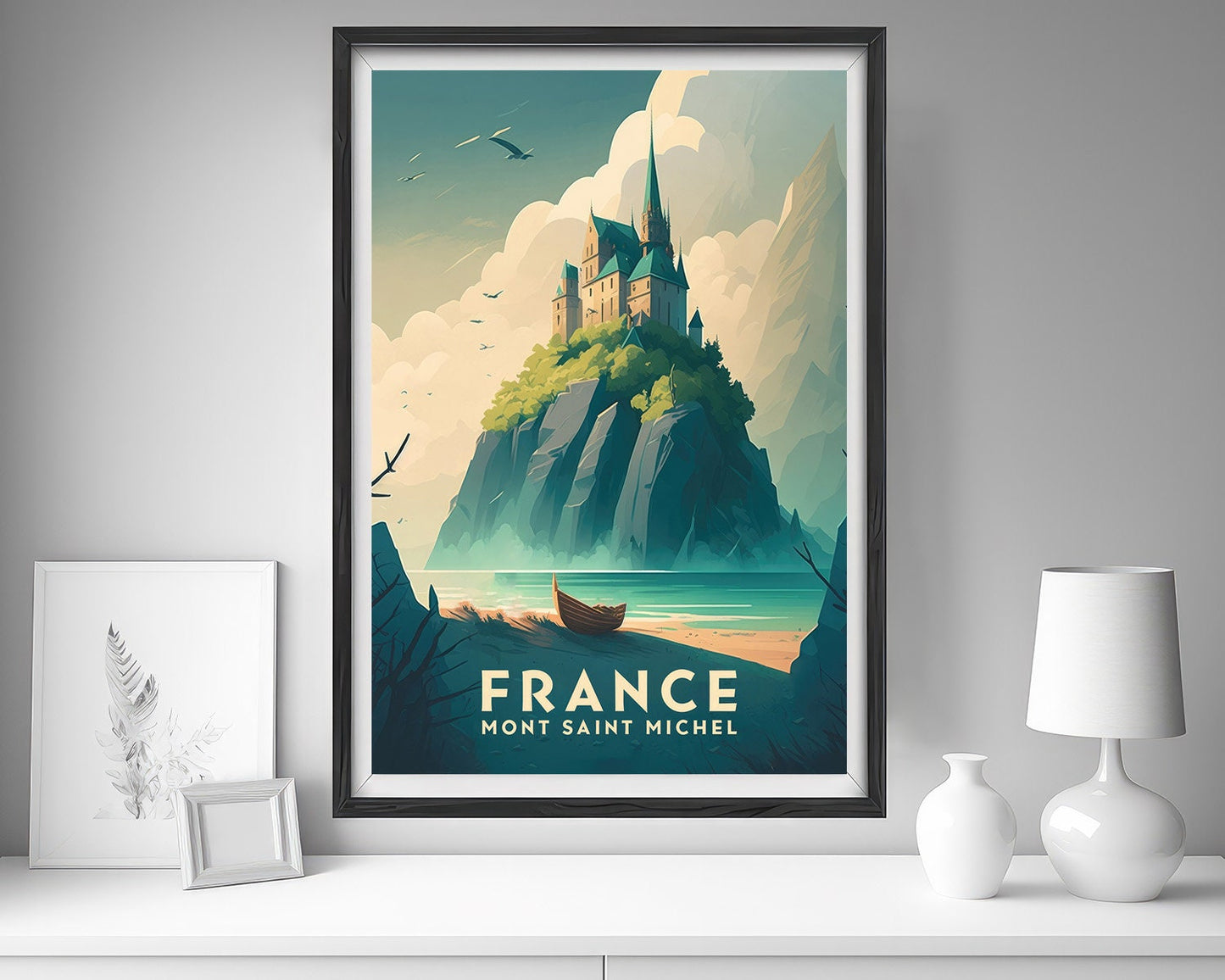 Framed France Mont Saint Michel Travel Poster in Portrait orientation, minimal background, close up wall art print 5