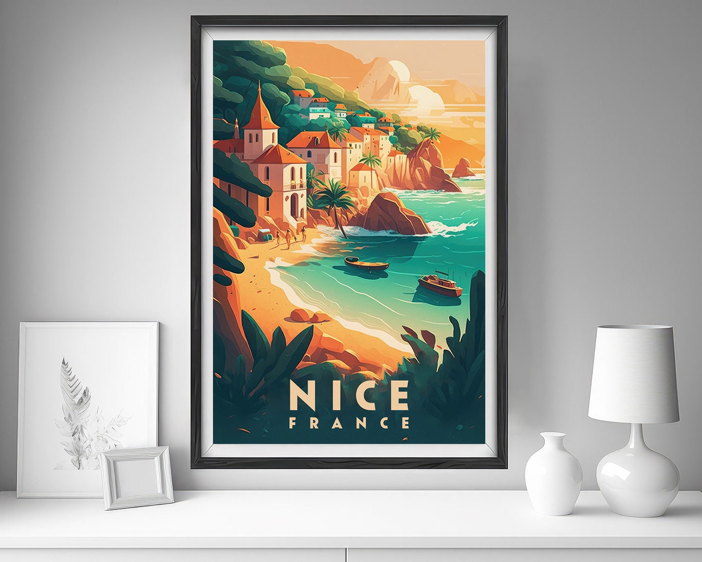 Framed France Nice Travel Poster in Portrait orientation, minimal background, close up wall art print 5