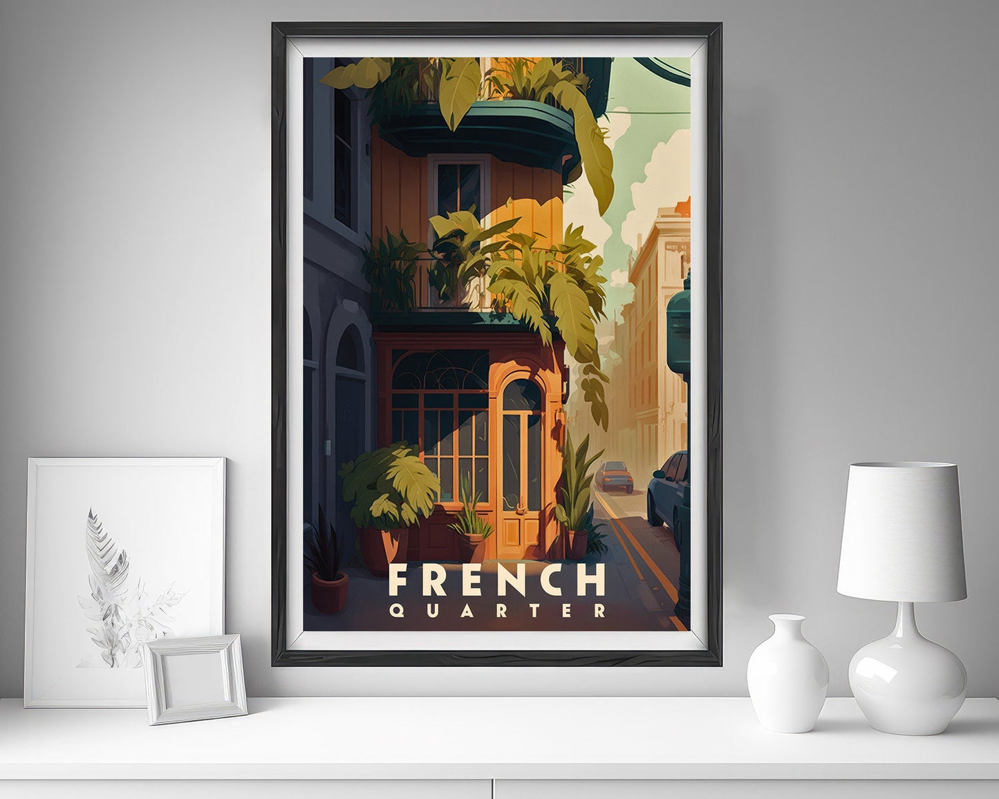 Framed French Quarter New Orleans Travel Poster in Portrait orientation, minimal background, close up wall art print 5