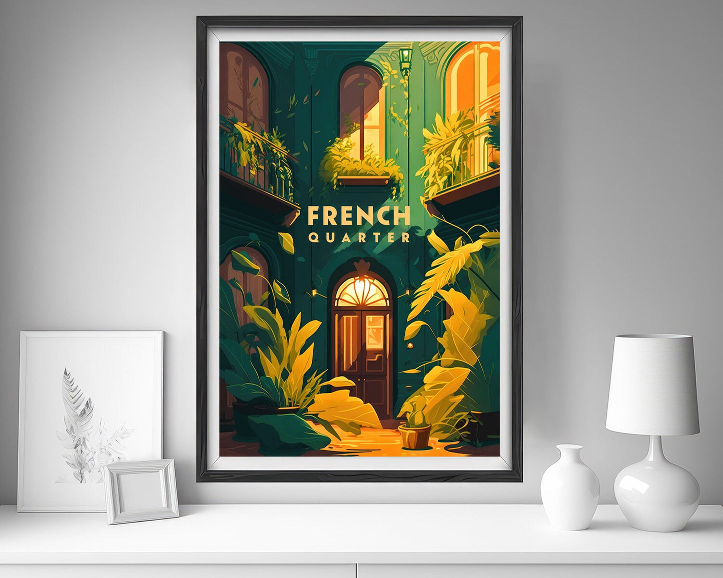 Framed French Quarter New Orleans USA Travel Poster in Portrait orientation, minimal background, close up wall art print 5