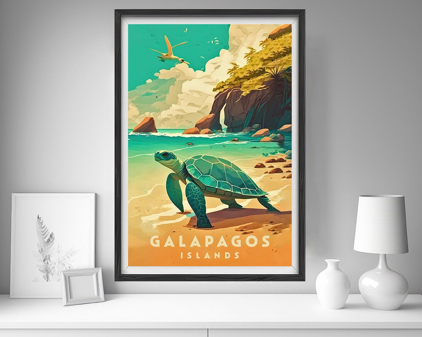 Framed Galapagos Island Ecuador Travel Poster in Portrait orientation, minimal background, close up wall art print 5