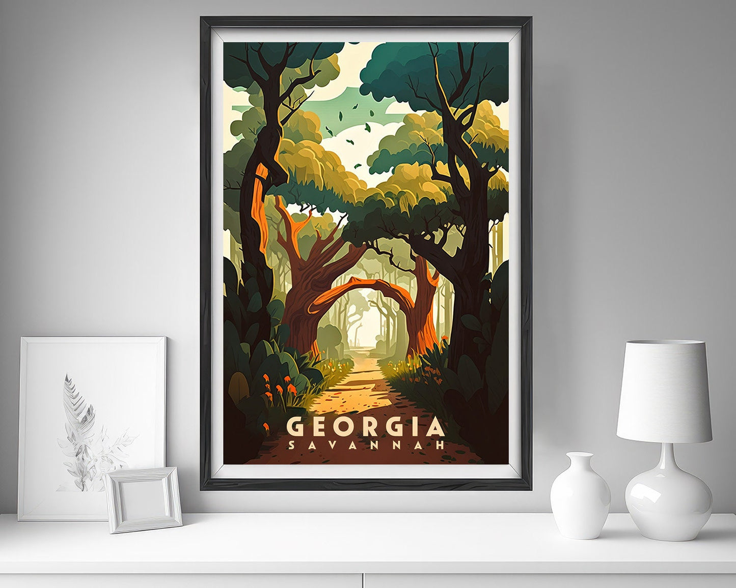 Framed Georgia Savannah Travel Poster in Portrait orientation, minimal background, close up wall art print 5