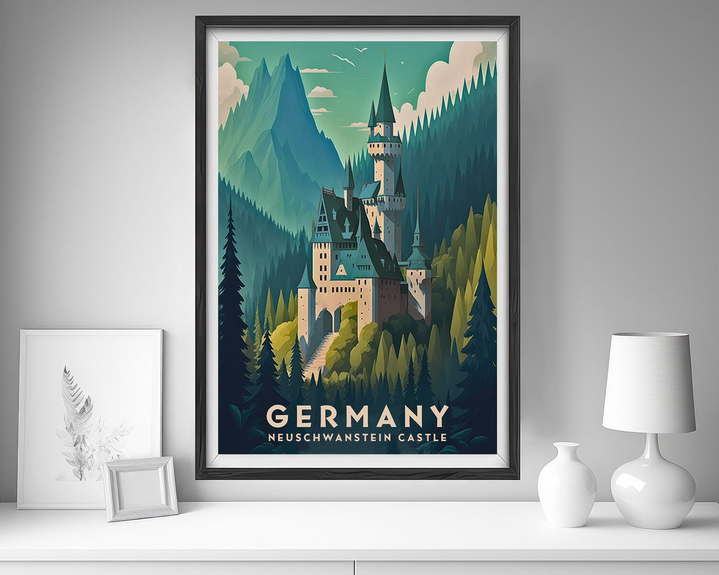 Framed Germany Neuschwanstein Castle Travel Poster in Portrait orientation, minimal background, close up wall art print 5