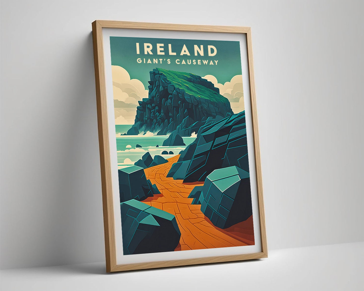 Framed Giant's Causeway Ireland Travel Poster in Portrait orientation, minimal background, close up wall art print 5