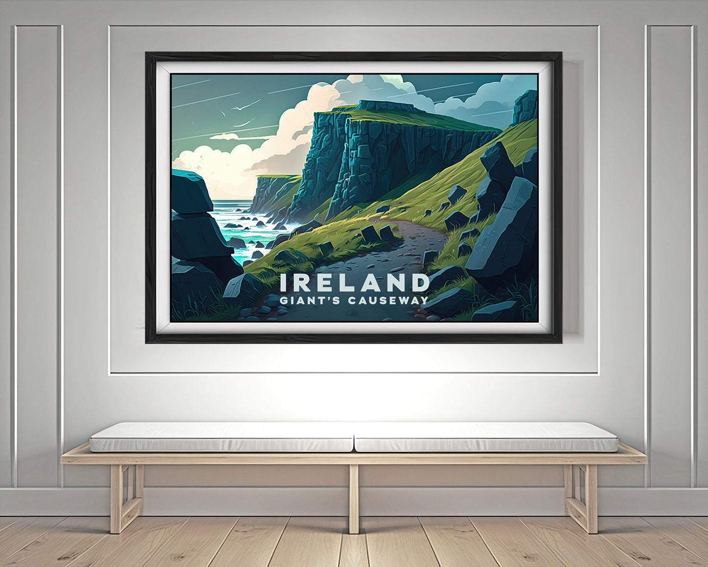 Framed Giant's Causeway Ireland UK Travel Poster in Landscape orientation, minimal background, close up wall art print 4