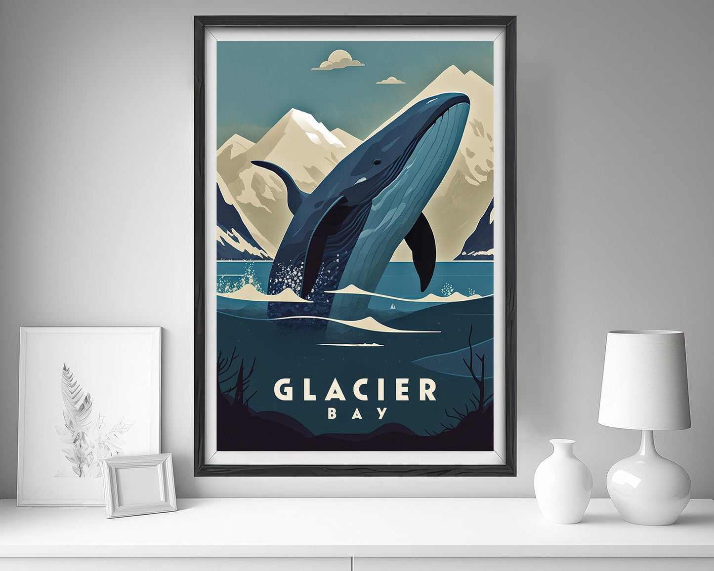 Framed Glacier Bay Alaska Travel Poster in Portrait orientation, minimal background, close up wall art print 5