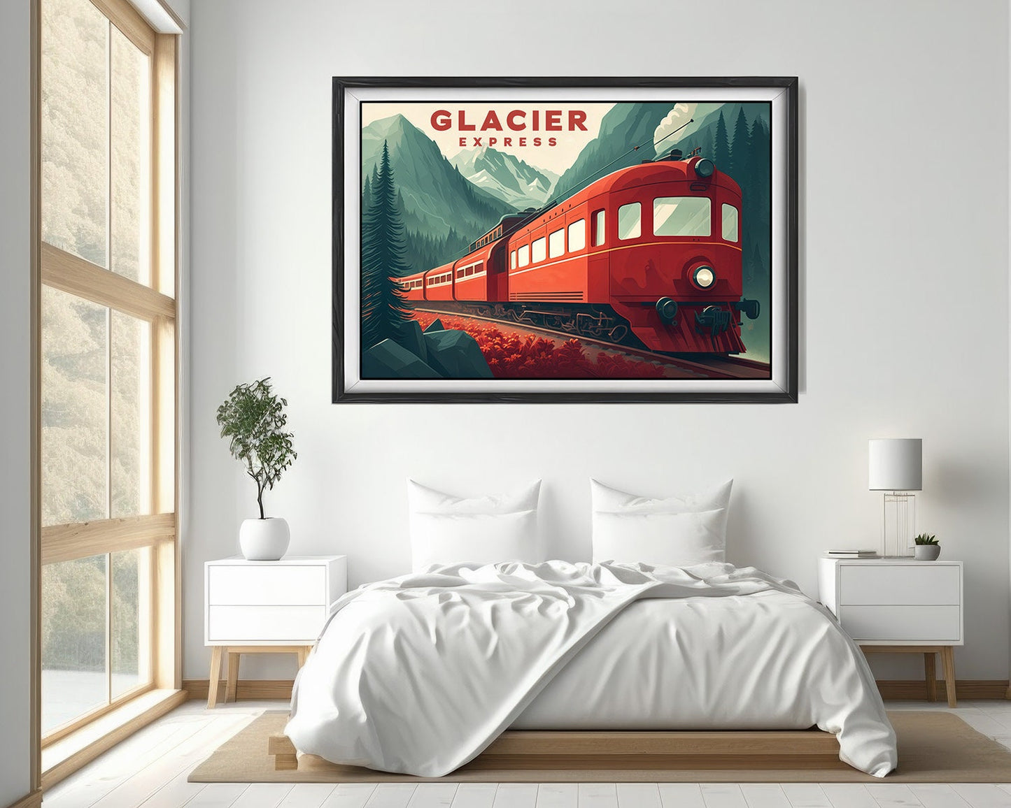 Framed Glacier Express Swiss Alps Travel Poster in Landscape orientation, minimal background, close up wall art print 4