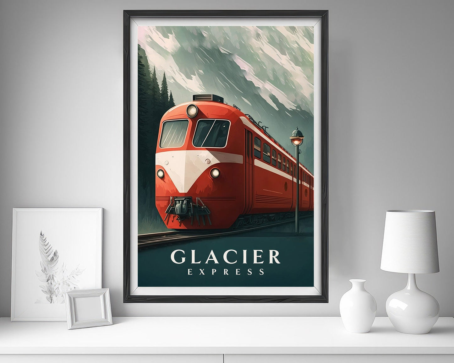 Framed Glacier Express Travel Poster in Portrait orientation, minimal background, close up wall art print 5