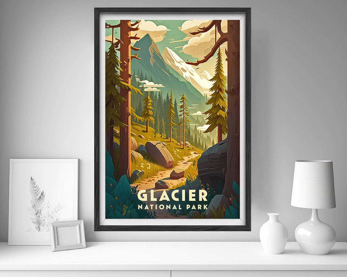 Framed Glacier National Park Travel Poster in Portrait orientation, minimal background, close up wall art print 5