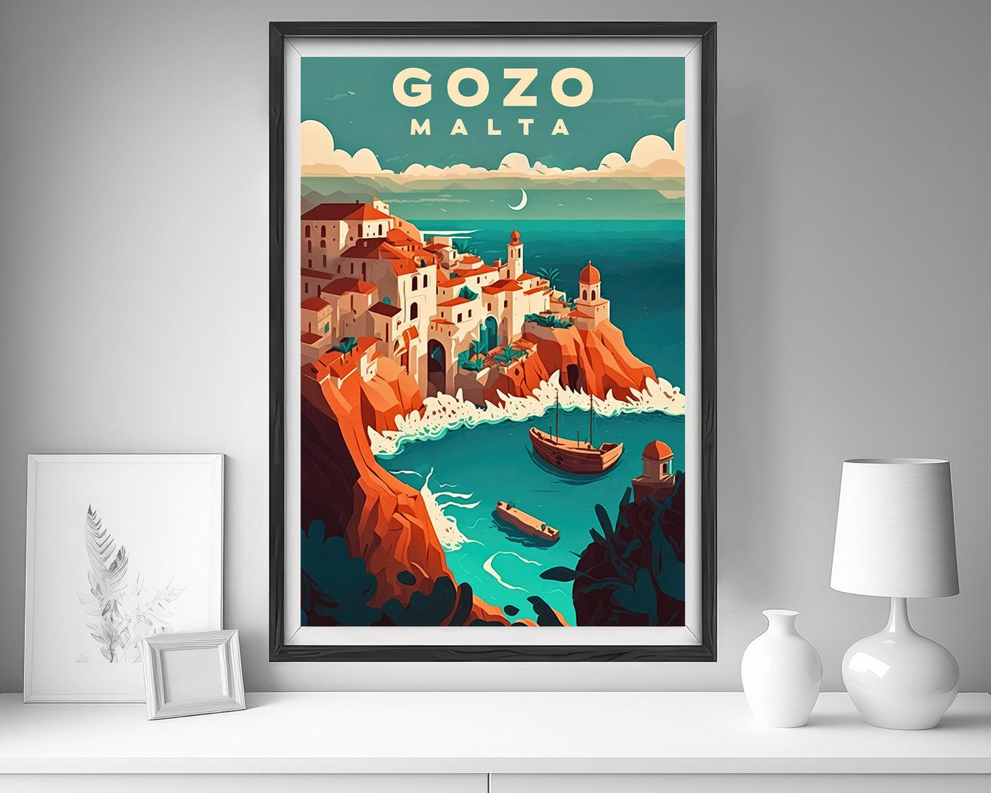 Framed Gozo Malta Europe Travel Poster in Portrait orientation, minimal background, close up wall art print 5