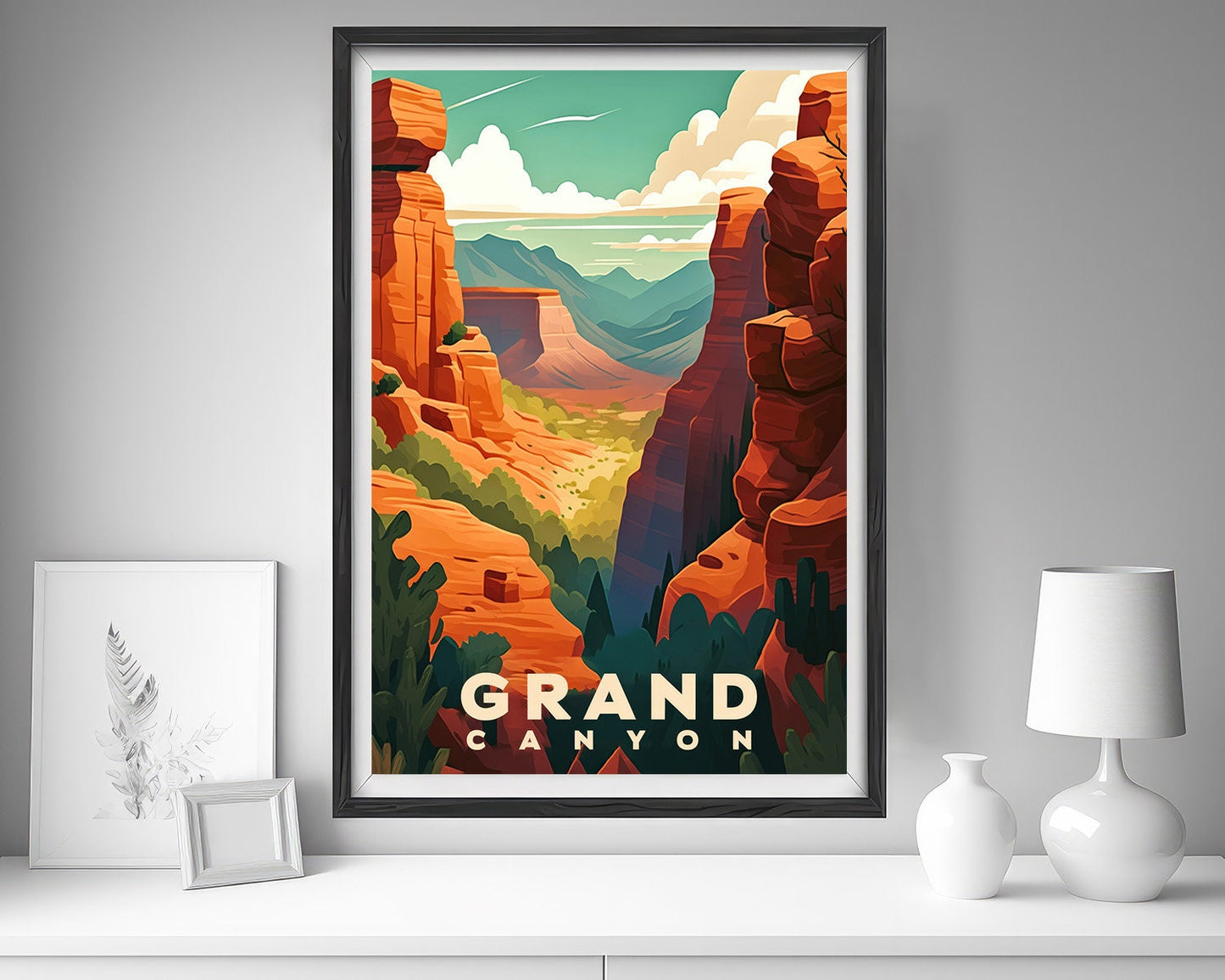 Framed Grand Canyon Travel Poster in Portrait orientation, minimal background, close up wall art print 5