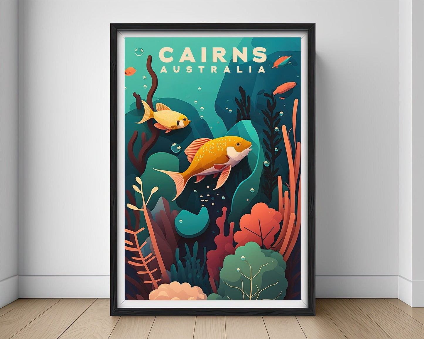 Framed Great Barrier Reef Cairns Travel Poster in Portrait orientation, minimal background, close up wall art print 1
