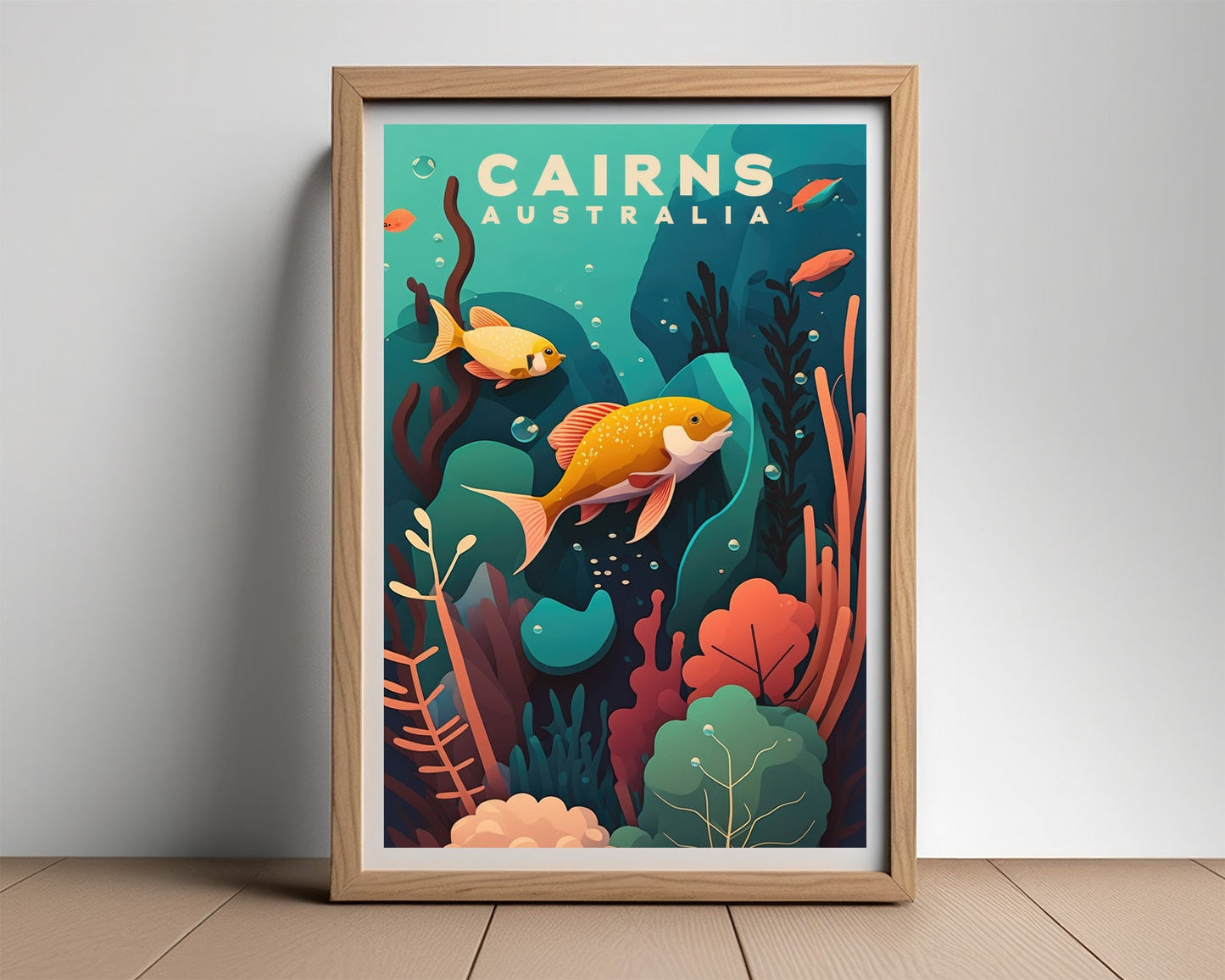 Framed Great Barrier Reef Cairns Travel Poster in Portrait orientation, minimal background, close up wall art print 2