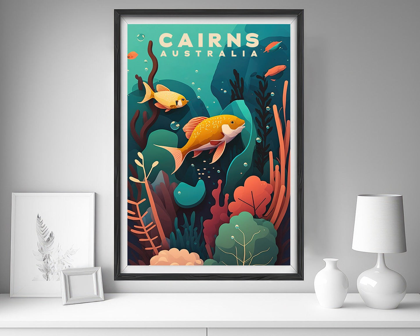 Framed Great Barrier Reef Cairns Travel Poster in Portrait orientation, minimal background, close up wall art print 4