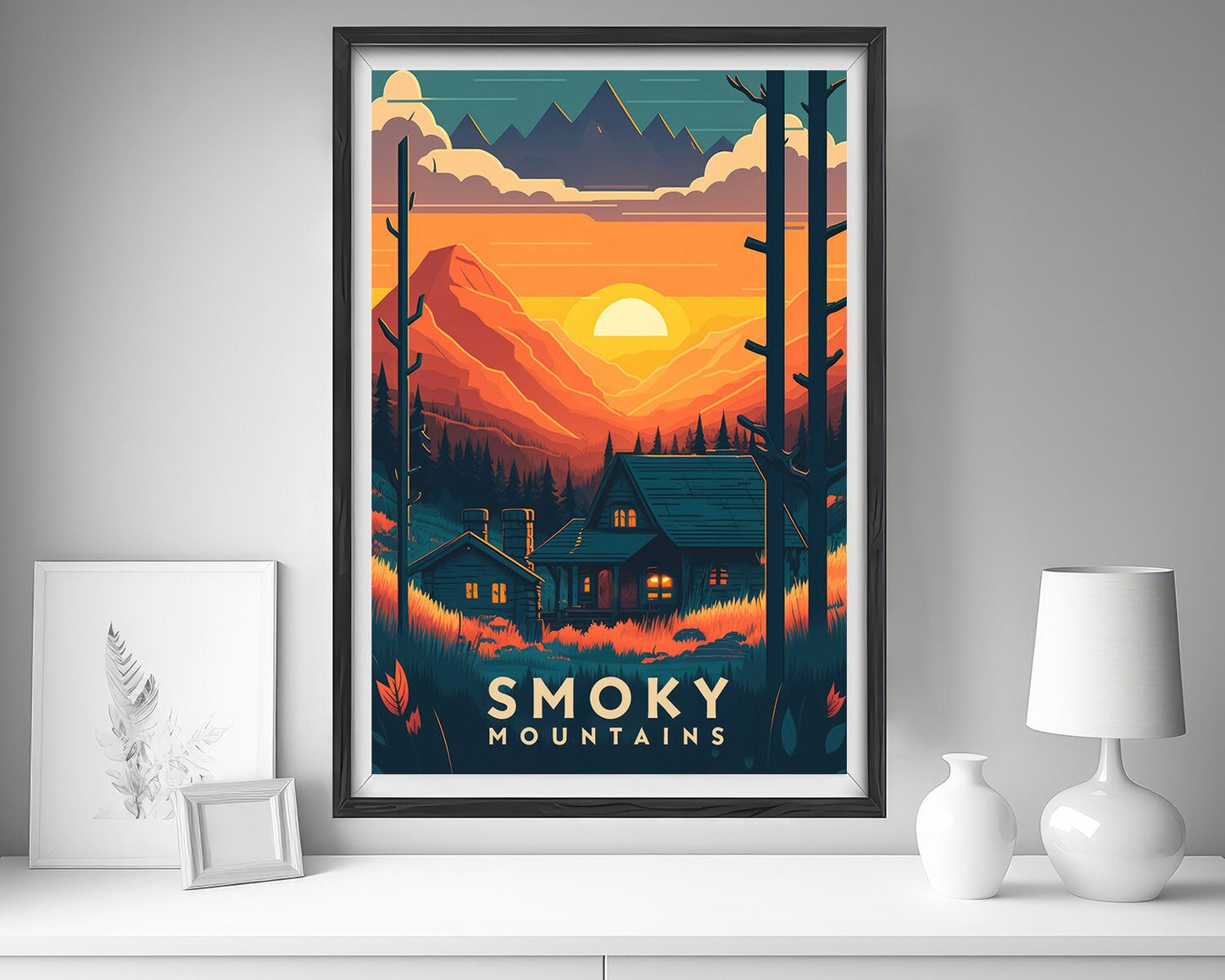 Framed Great Smoky Mountains Travel Poster in Portrait orientation, minimal background, close up wall art print 5