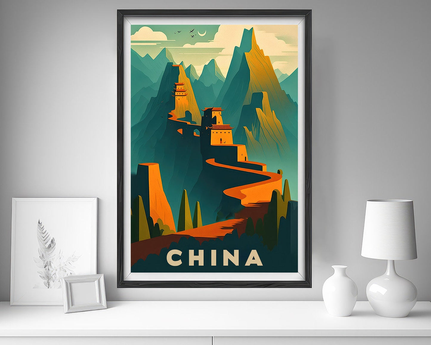 Framed Great Wall Of China Beijing Travel Poster in Portrait orientation, minimal background, close up wall art print 5