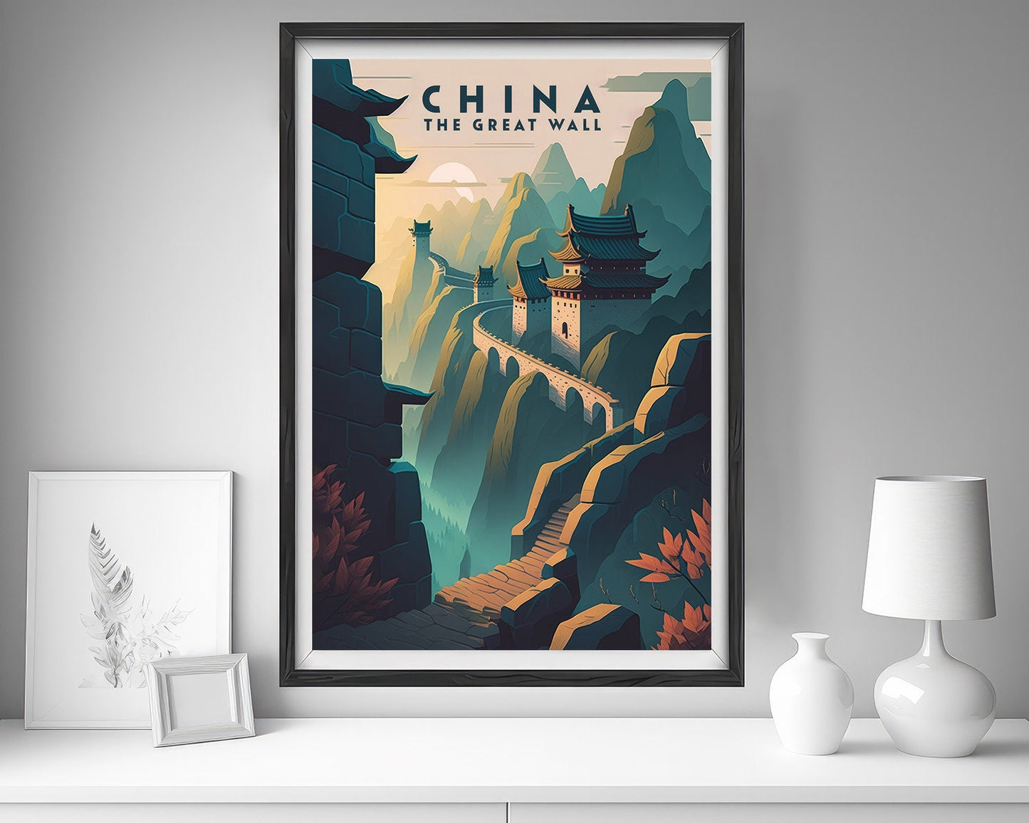 Framed Great Wall Of China Travel Poster in Portrait orientation, minimal background, close up wall art print 5