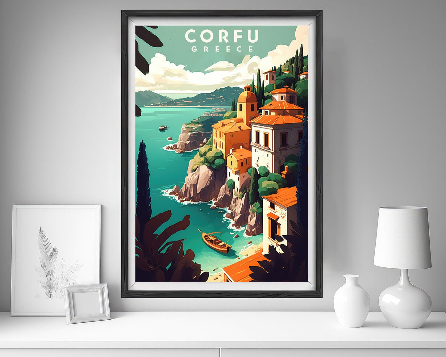 Framed Greece Corfu Europe Travel Poster in Portrait orientation, minimal background, close up wall art print 5