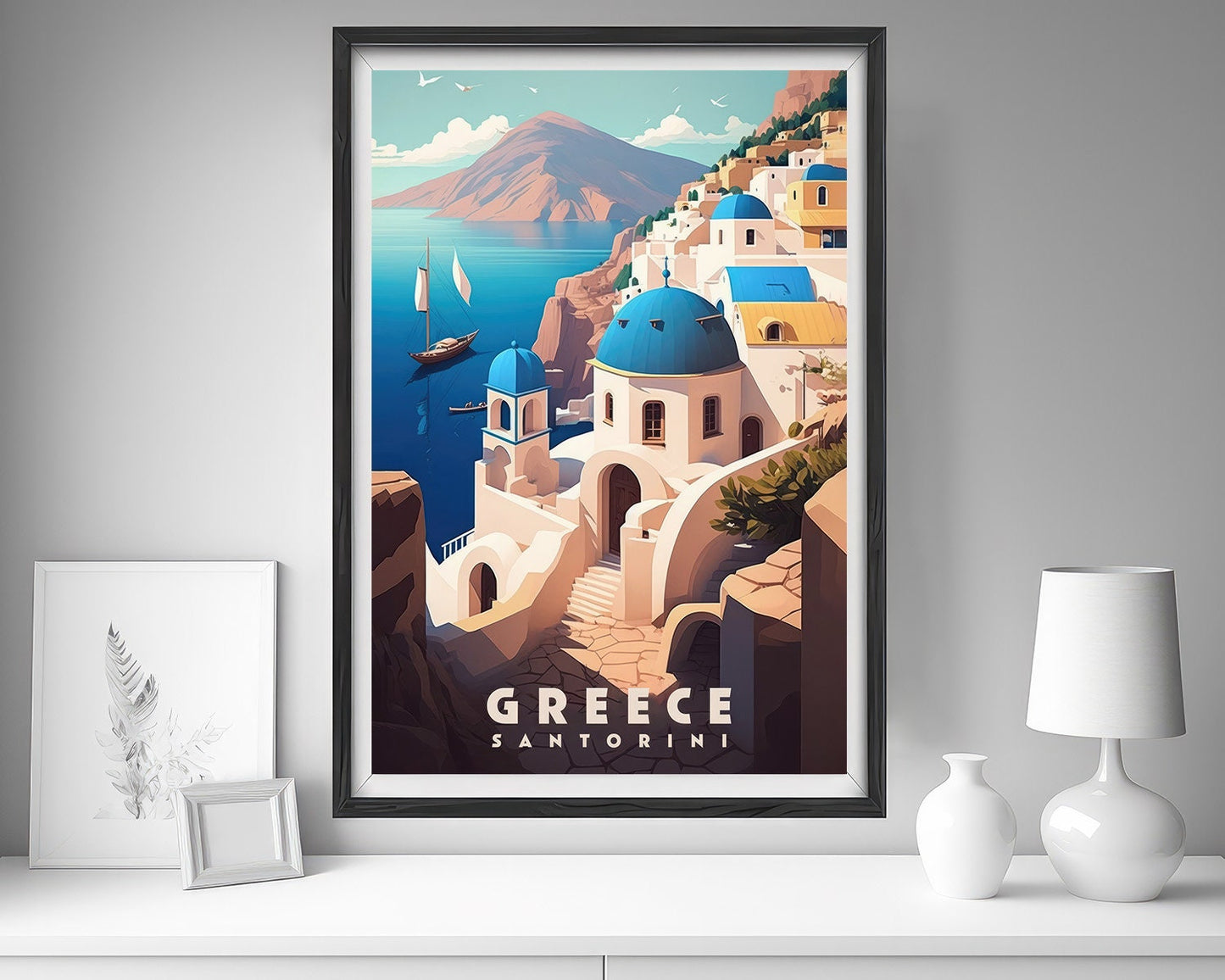 Framed Greece Santorini Europe Travel Poster in Portrait orientation, minimal background, close up wall art print 5