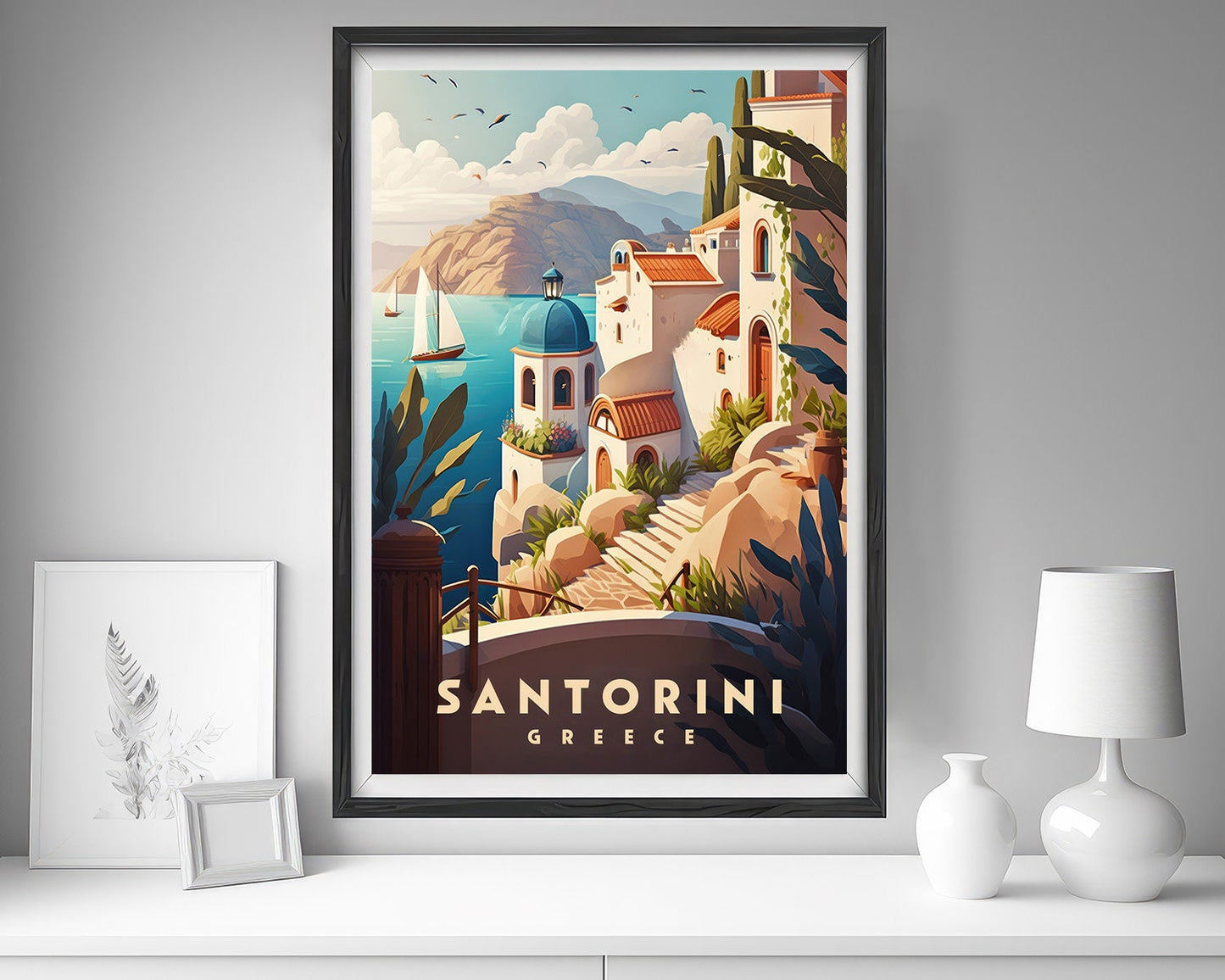 Framed Greece Santorini Travel Poster in Portrait orientation, minimal background, close up wall art print 5