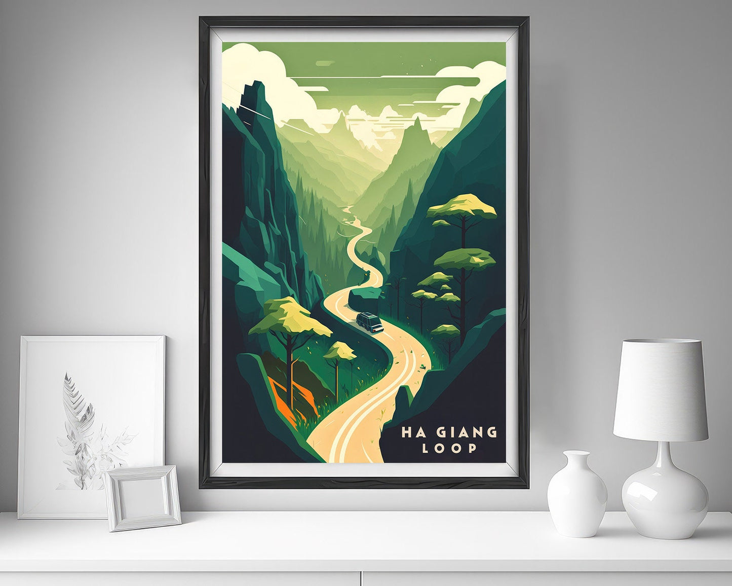 Framed Ha Giang Loop Vietnam Asia Travel Poster in Portrait orientation, minimal background, close up wall art print 5