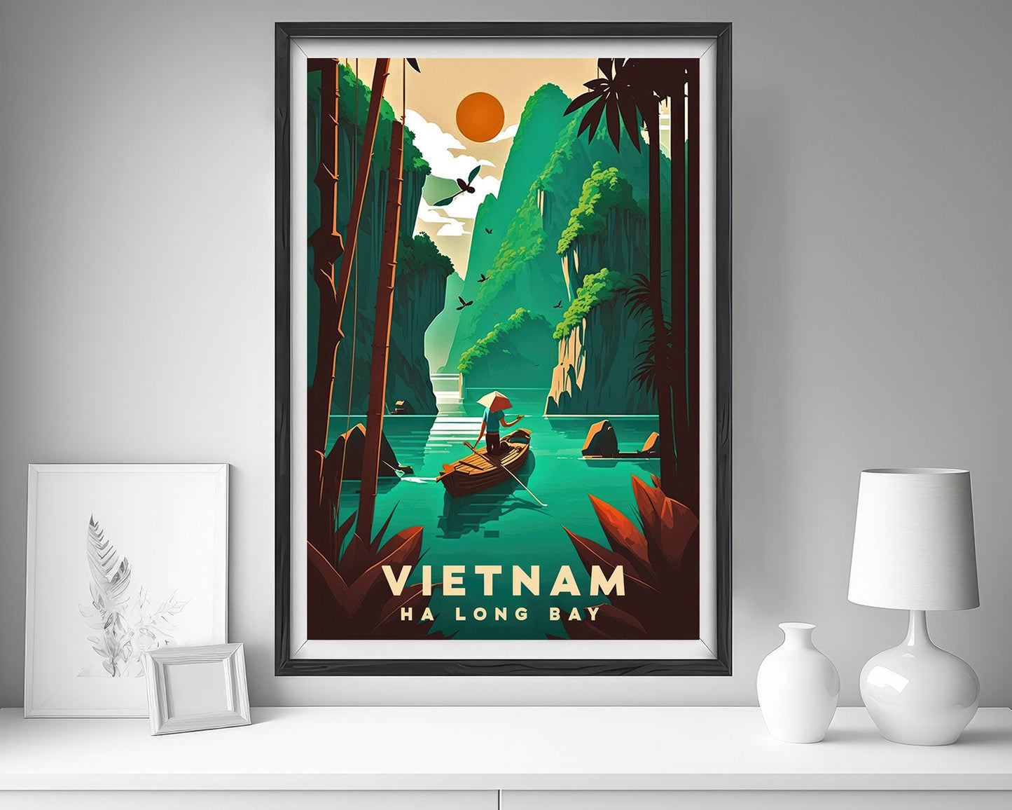 Framed Ha Long Bay Vietnam Travel Poster in Portrait orientation, minimal background, close up wall art print 5
