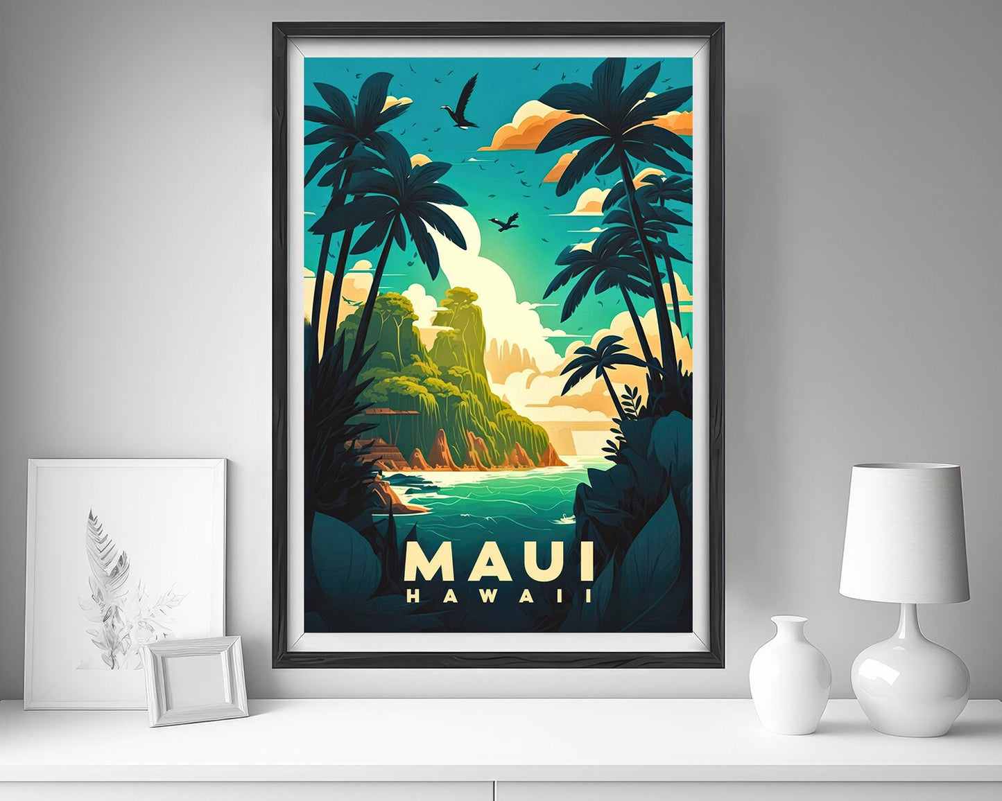 Framed Hawaii Maui Travel Poster in Portrait orientation, minimal background, close up wall art print 5