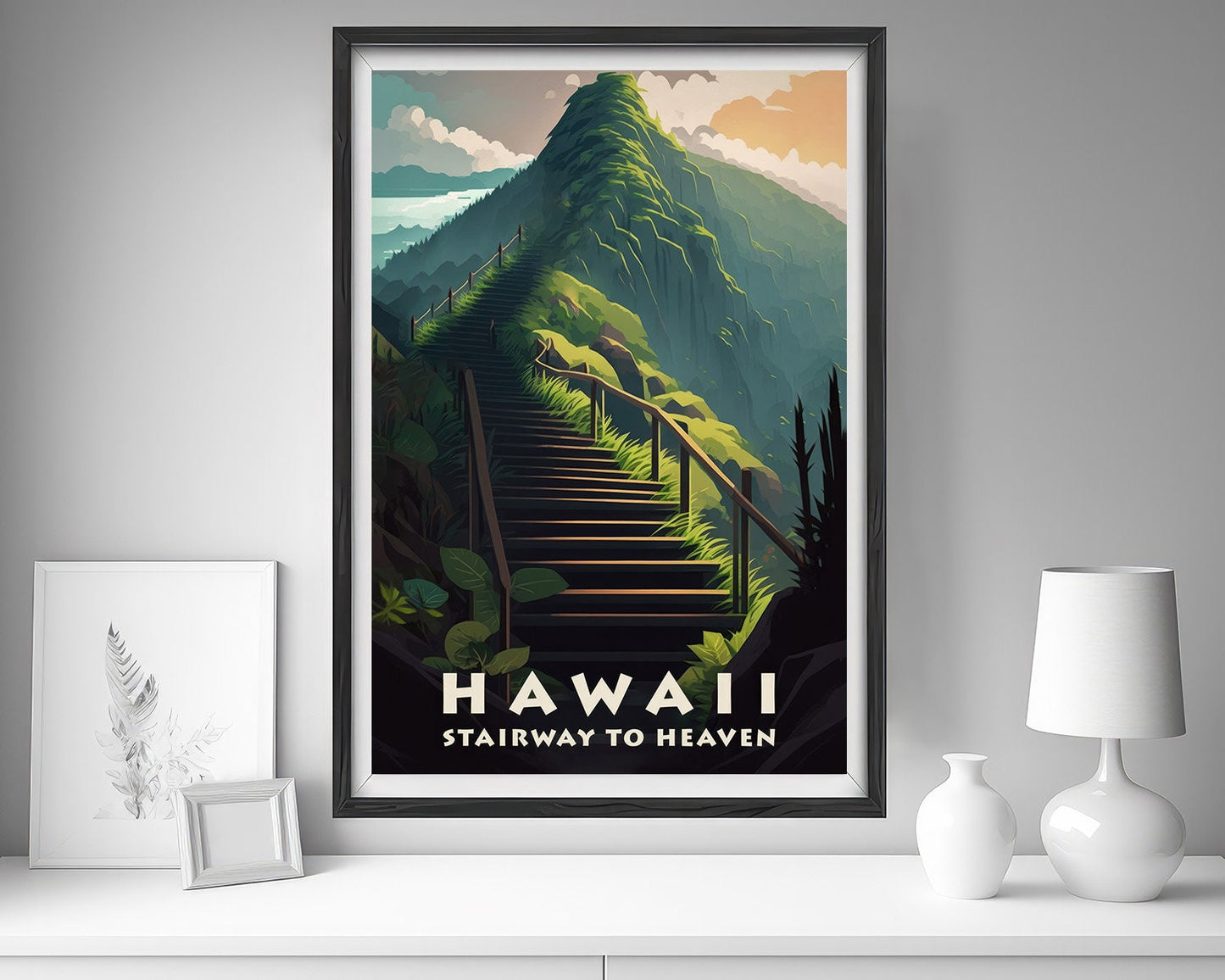 Framed Hawaii Stairway to Heaven Travel Poster in Portrait orientation, minimal background, close up wall art print 5