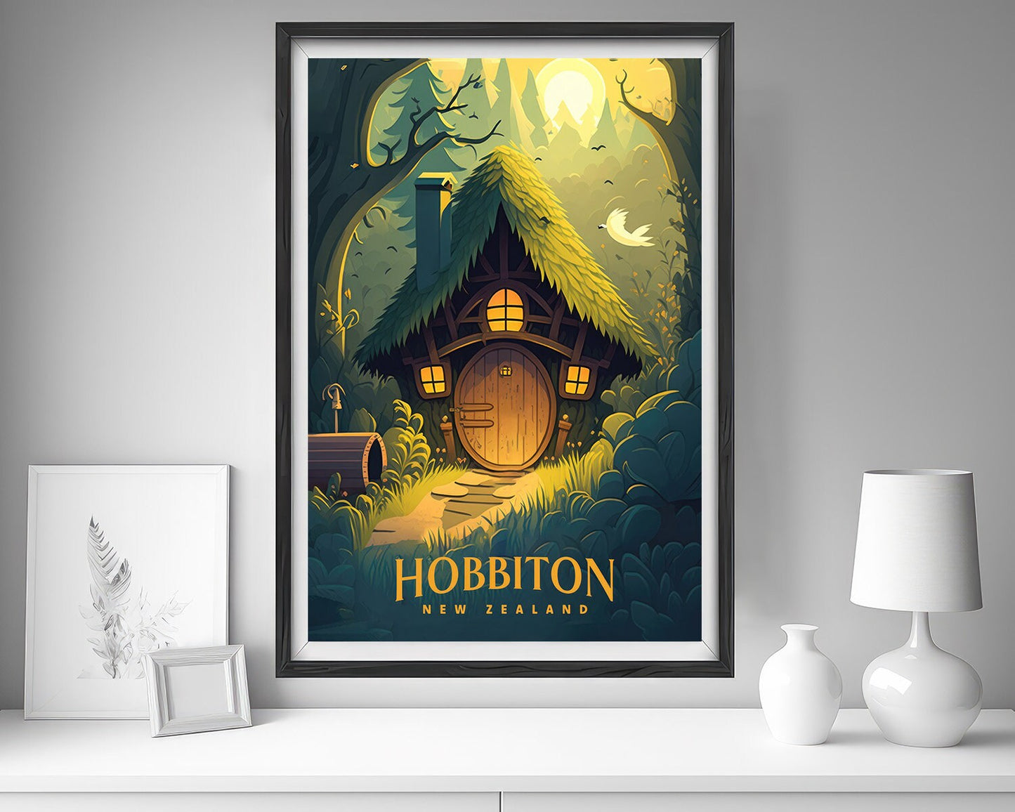 Framed Hobbiton NZ Travel Poster in Portrait orientation, minimal background, close up wall art print 5
