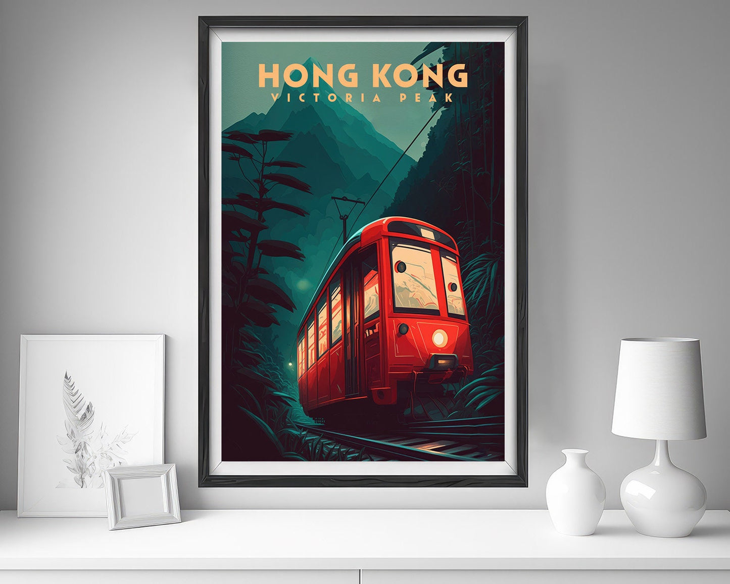Framed Hong Kong Asia Travel Poster in Portrait orientation, minimal background, close up wall art print 5