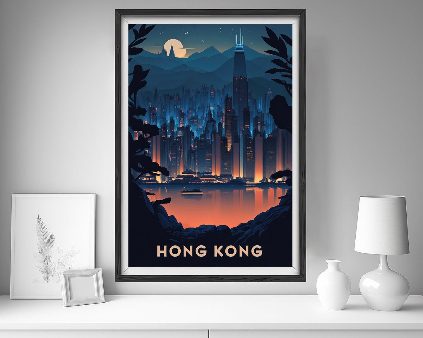 Framed Hong Kong Night Skyline Travel Poster in Portrait orientation, minimal background, close up wall art print 5
