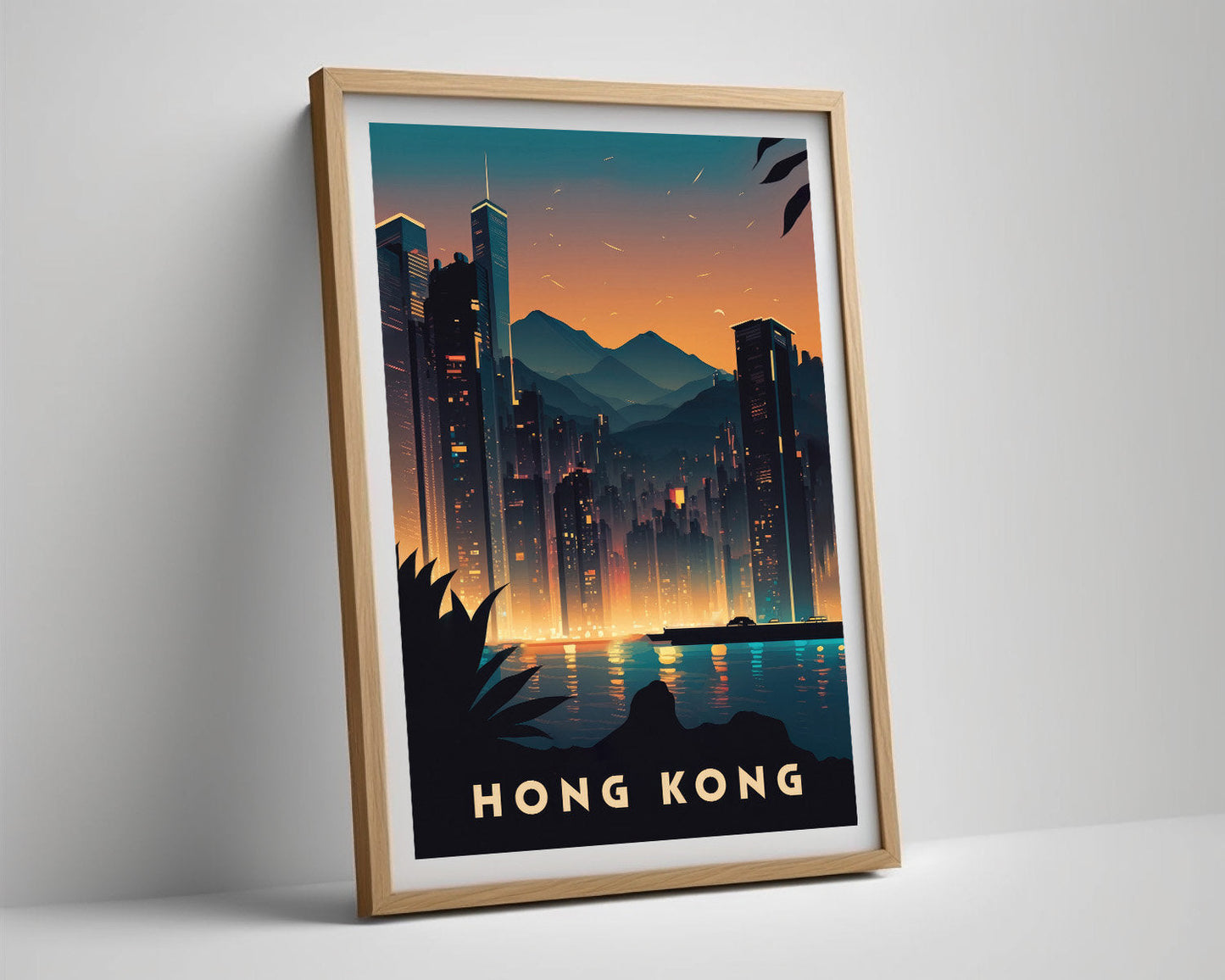 Framed Hong Kong Victoria Peak Skyline Travel Poster in Portrait orientation, minimal background, close up wall art print 5