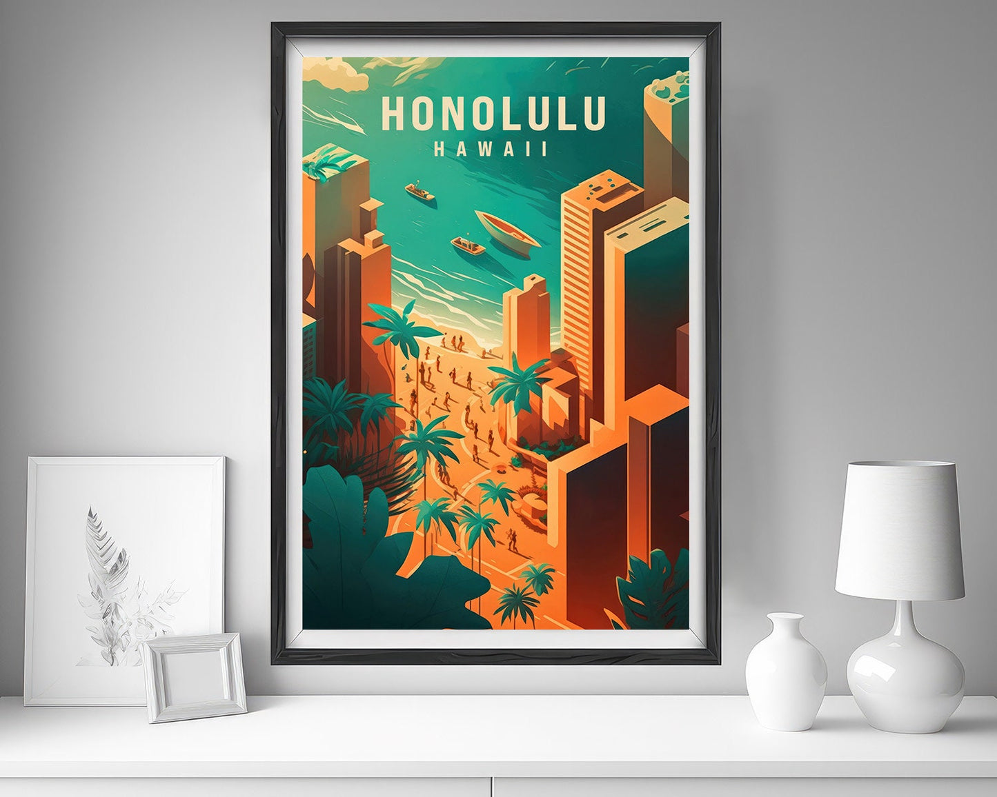 Framed Honolulu Hawaii Travel Poster in Portrait orientation, minimal background, close up wall art print 5