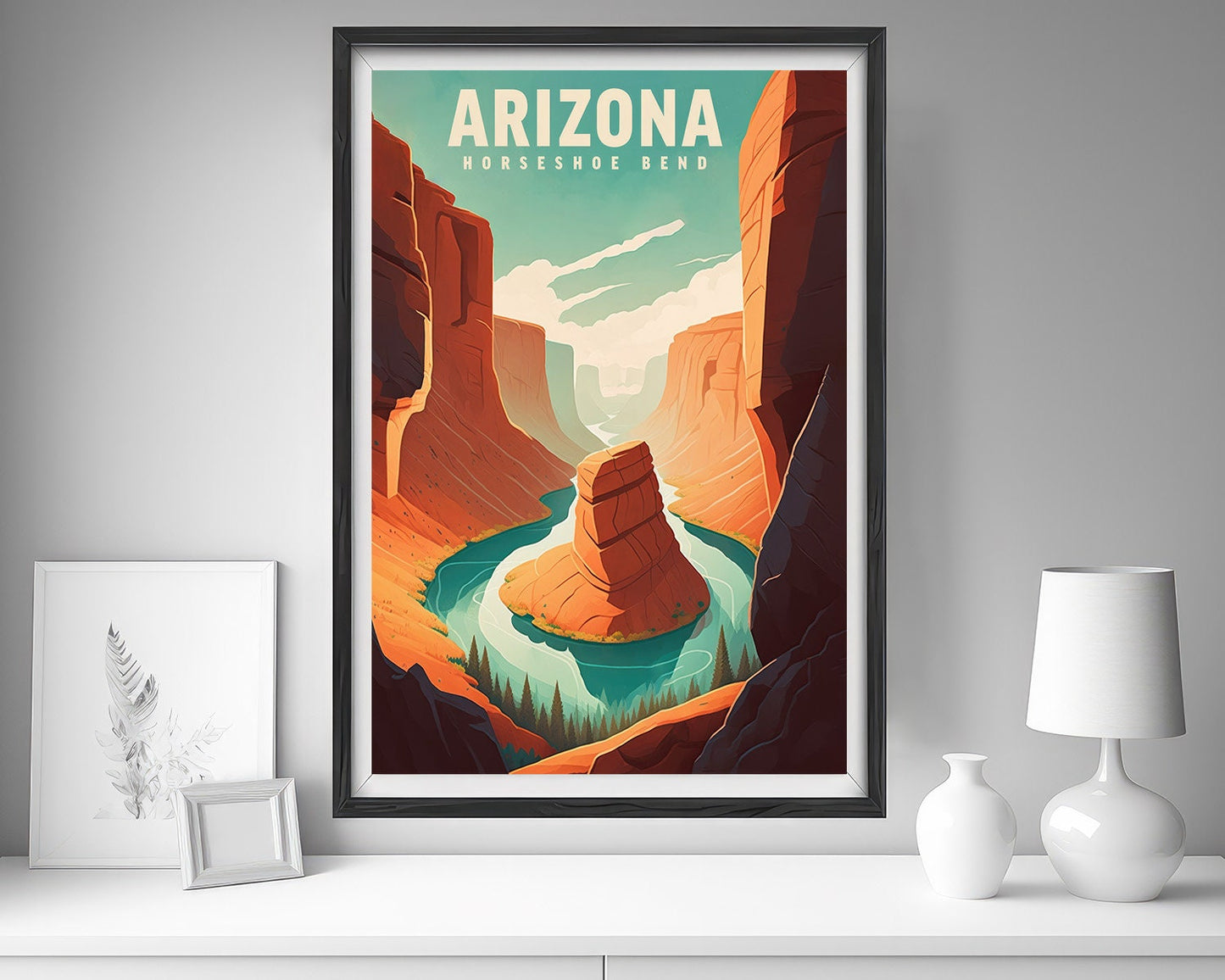 Framed Horseshoe Bend Arizona Travel Poster in Portrait orientation, minimal background, close up wall art print 5