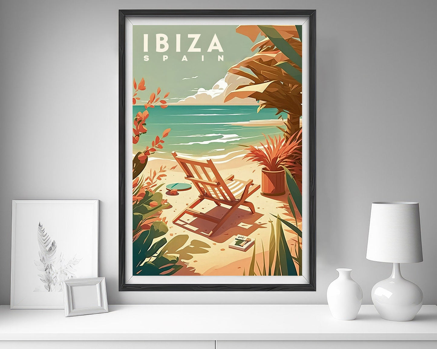 Framed Ibiza Spain Travel Poster in Portrait orientation, minimal background, close up wall art print 5