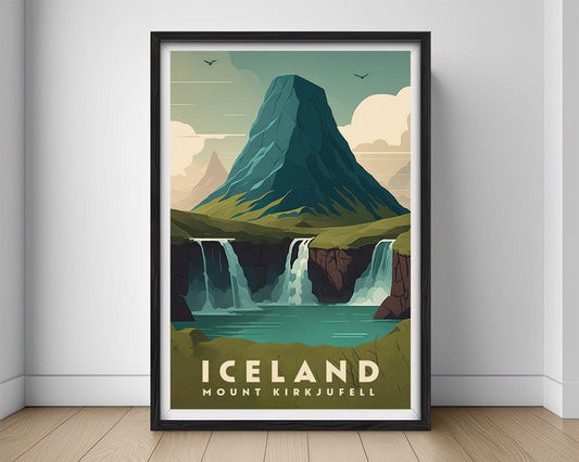 Framed Iceland Mount Kirkjufell Travel Poster in Portrait orientation, minimal background, close up wall art print 1