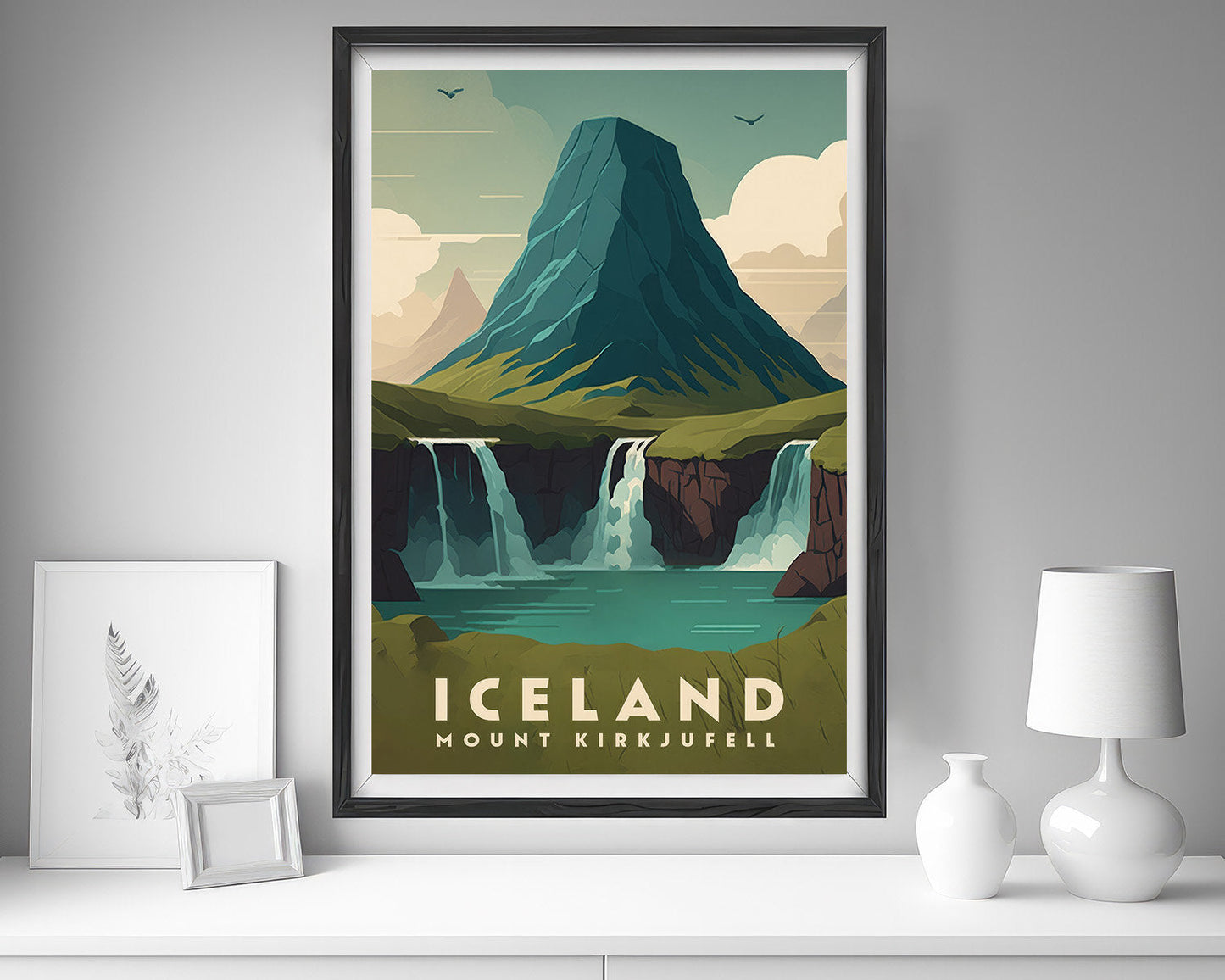 Framed Iceland Mount Kirkjufell Travel Poster in Portrait orientation, minimal background, close up wall art print 5