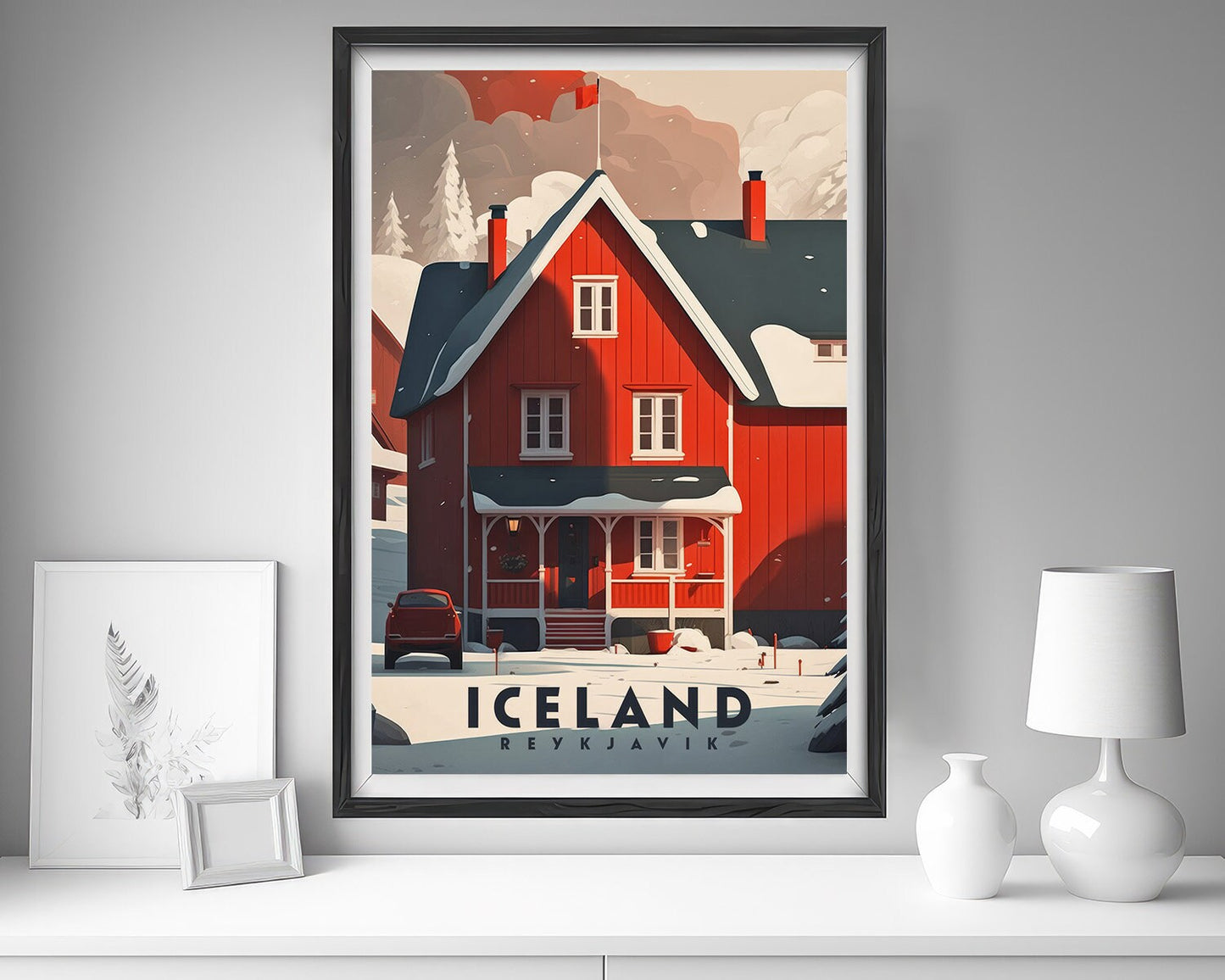 Framed Iceland Reykjavik Travel Poster in Portrait orientation, minimal background, close up wall art print 5