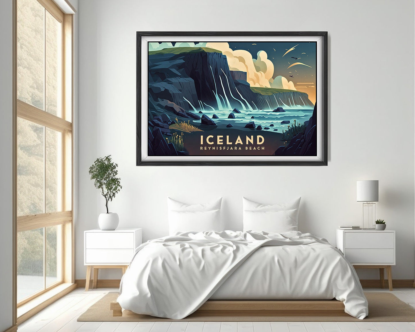Framed Iceland Reynisfjara Beach Europe Travel Poster in Landscape orientation, minimal background, close up wall art print 4