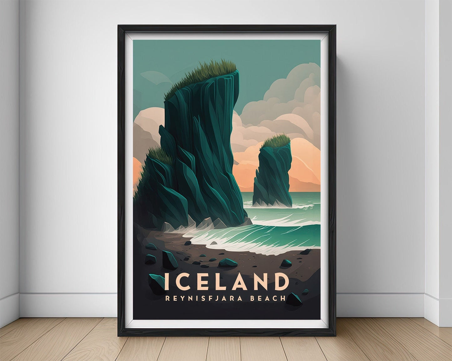 Framed Iceland Reynisfjara Beach Travel Poster in Portrait orientation, minimal background, close up wall art print 1