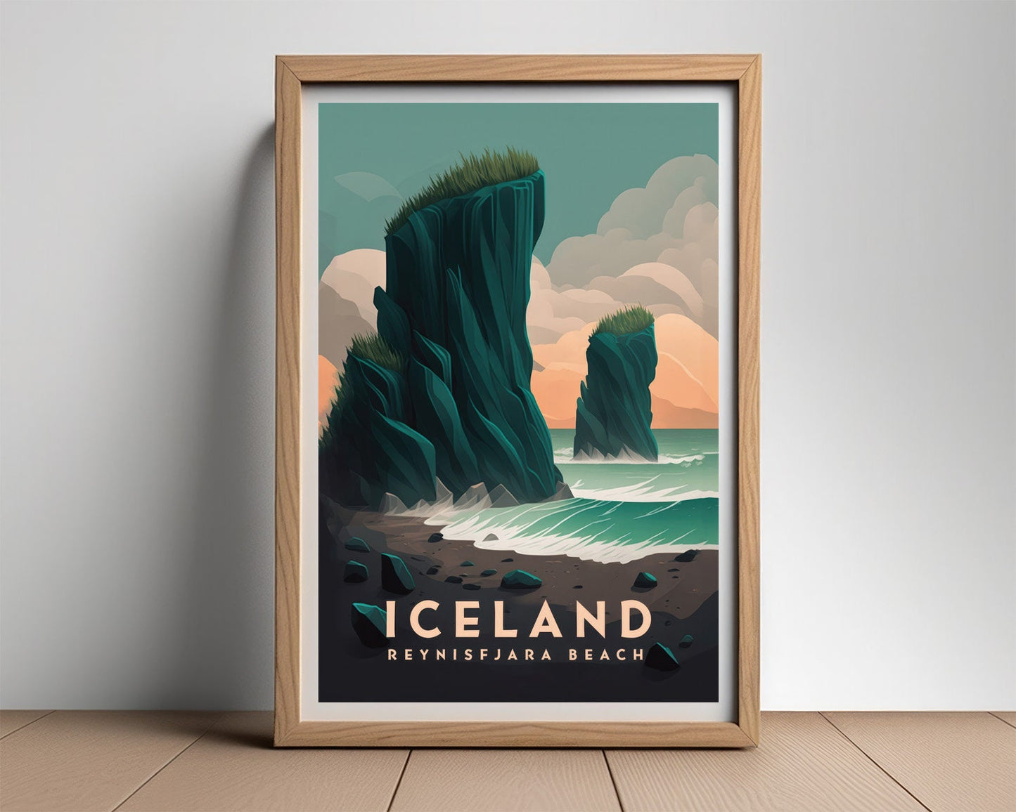 Framed Iceland Reynisfjara Beach Travel Poster in Portrait orientation, minimal background, close up wall art print 2